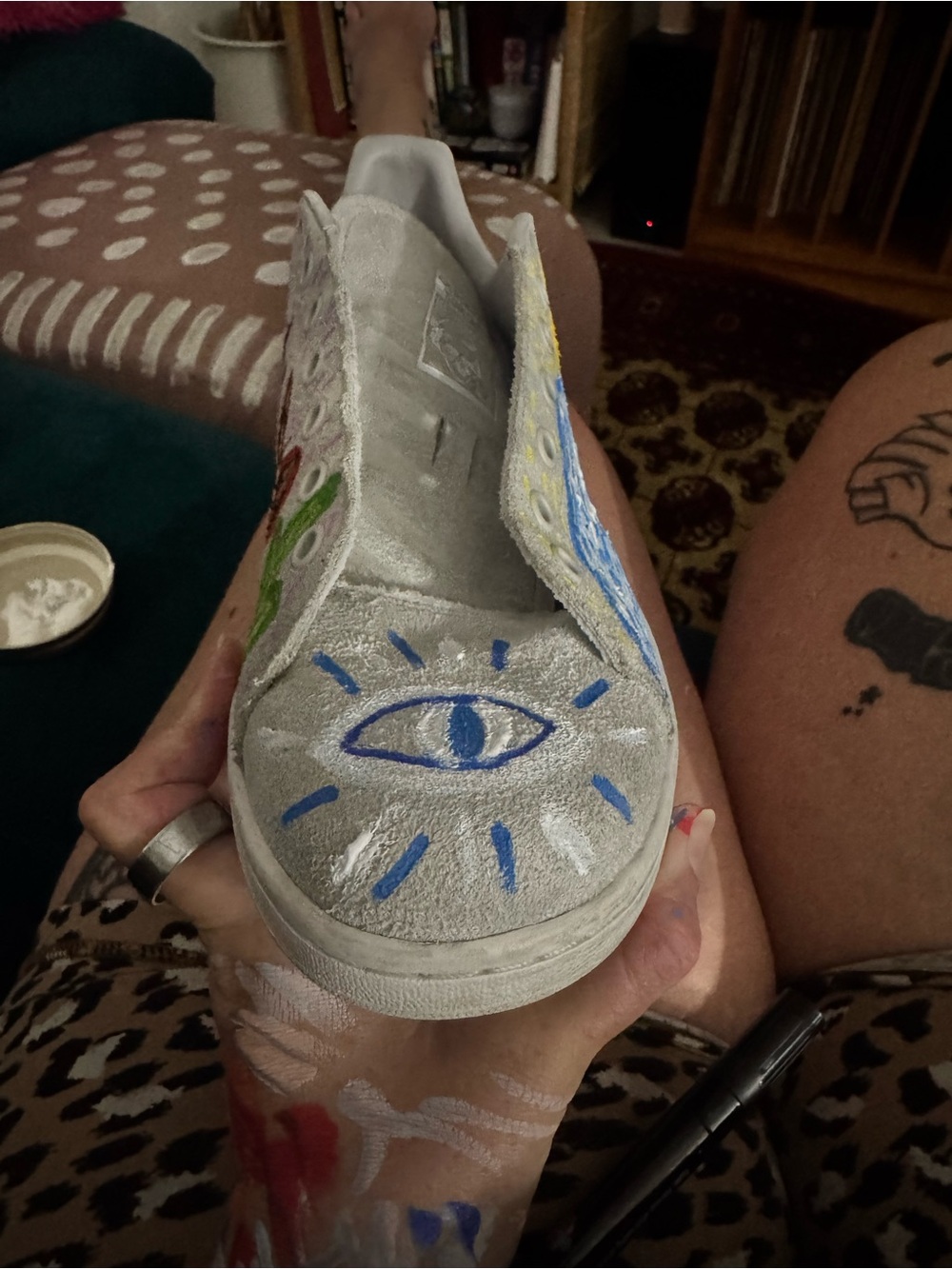 adidas Gray Slip-On Sneakers with Blue Eye Graphic- hand painted Stan smith